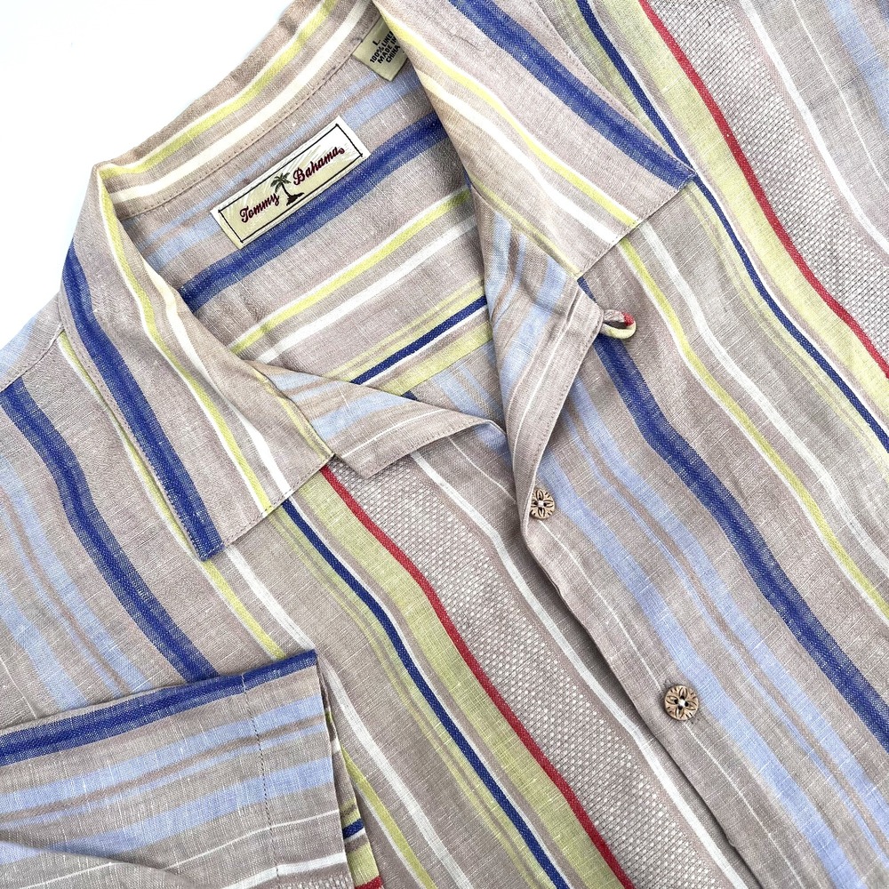 TOMMY BAHAMA Men's L Beige Striped 100% Linen Short-Sleeve Button-Up Camp Shirt